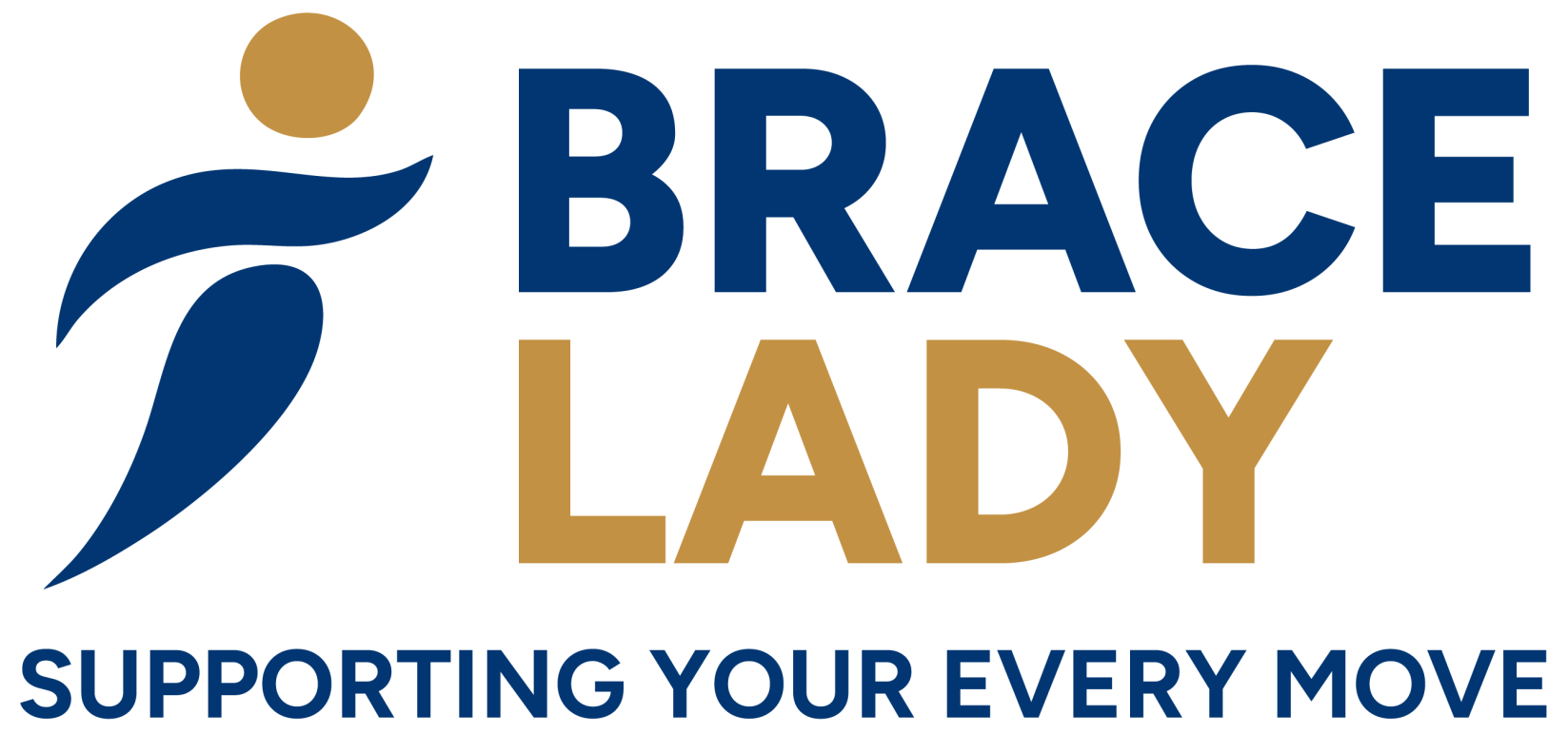 Brace Lady logo featuring a stylized figure in blue and gold with the text "BRACE LADY" and the tagline "SUPPORTING YOUR EVERY MOVE," representing custom bracing and orthotic solutions.