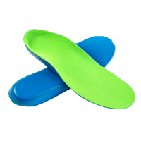 Custom foot orthotics in vibrant green and blue colors, designed for personalized foot support and pain relief, reflecting Brace Lady's focus on tailored orthotic solutions.