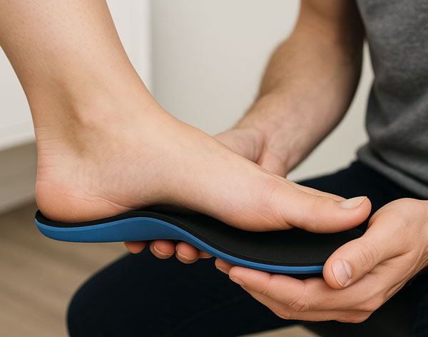 Foot orthotic fitting in progress, demonstrating a custom orthotic in hand, with a person's foot placed on it, highlighting Robin McCulloch's expertise in personalized foot assessments and orthotic solutions.